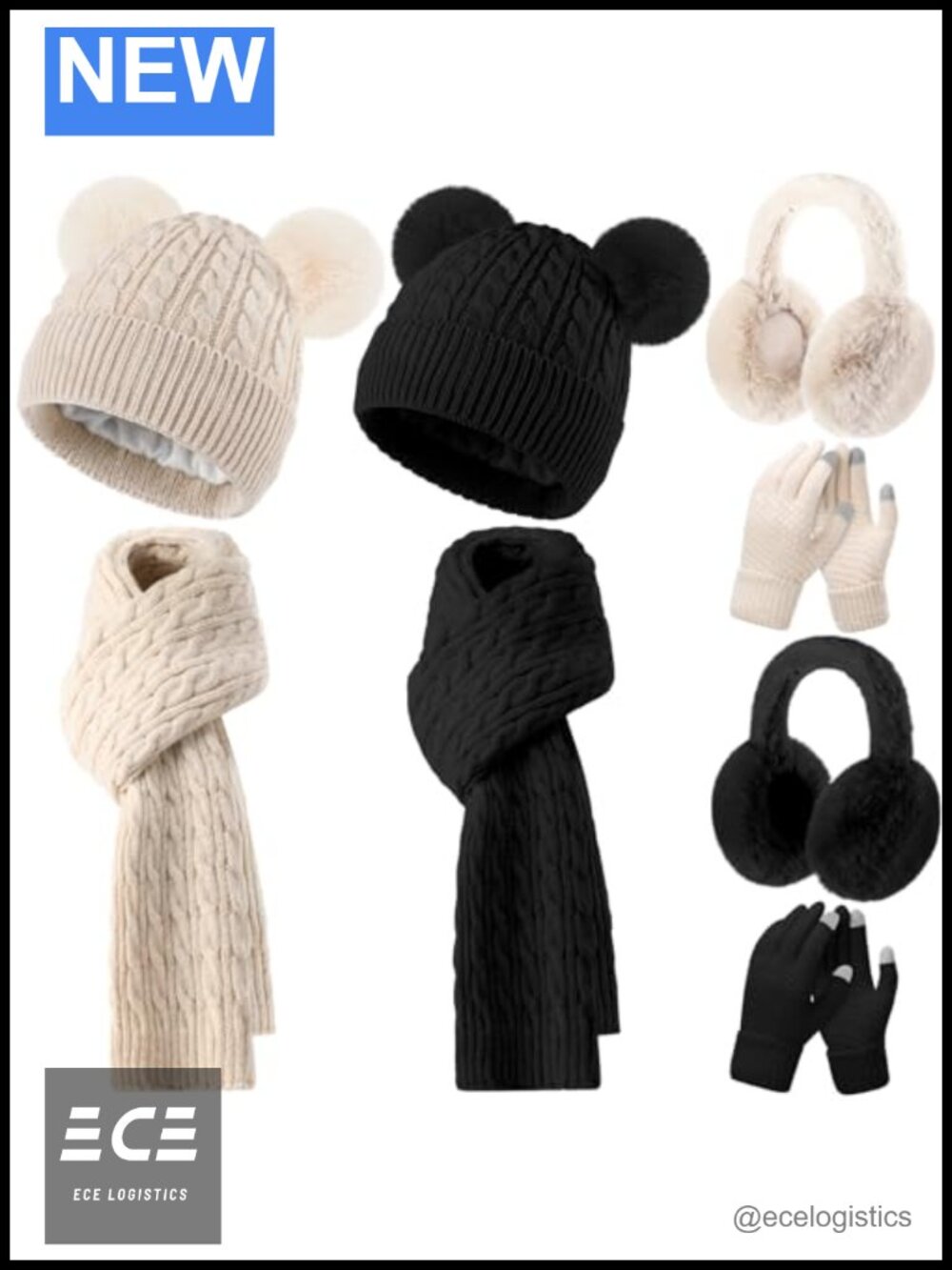 8 Pc Winter Hat Scarf Ear Muff Gloves Set Acrylic Beanie Pompom Touch Screen